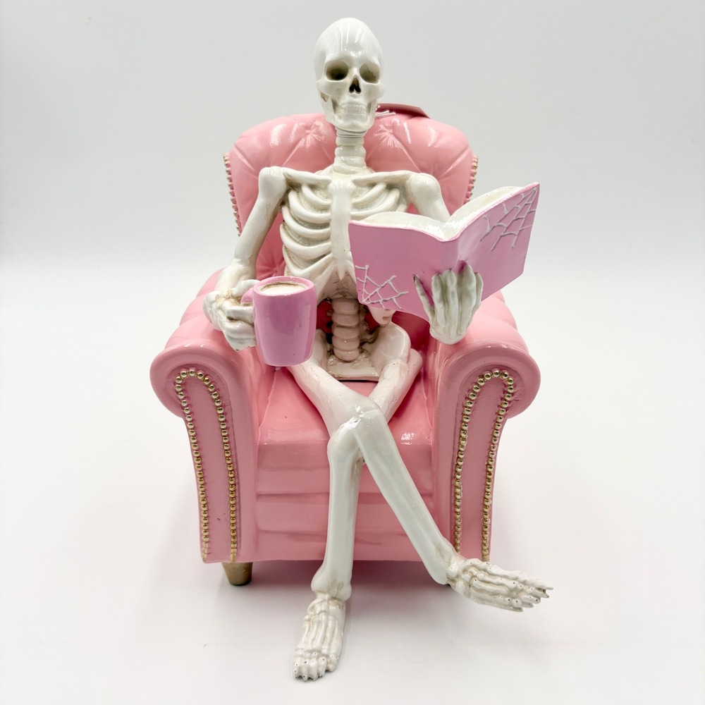 Mystic Pink Skeleton in Armchair Figurine Reading Book Spooky Cute Decor NEW